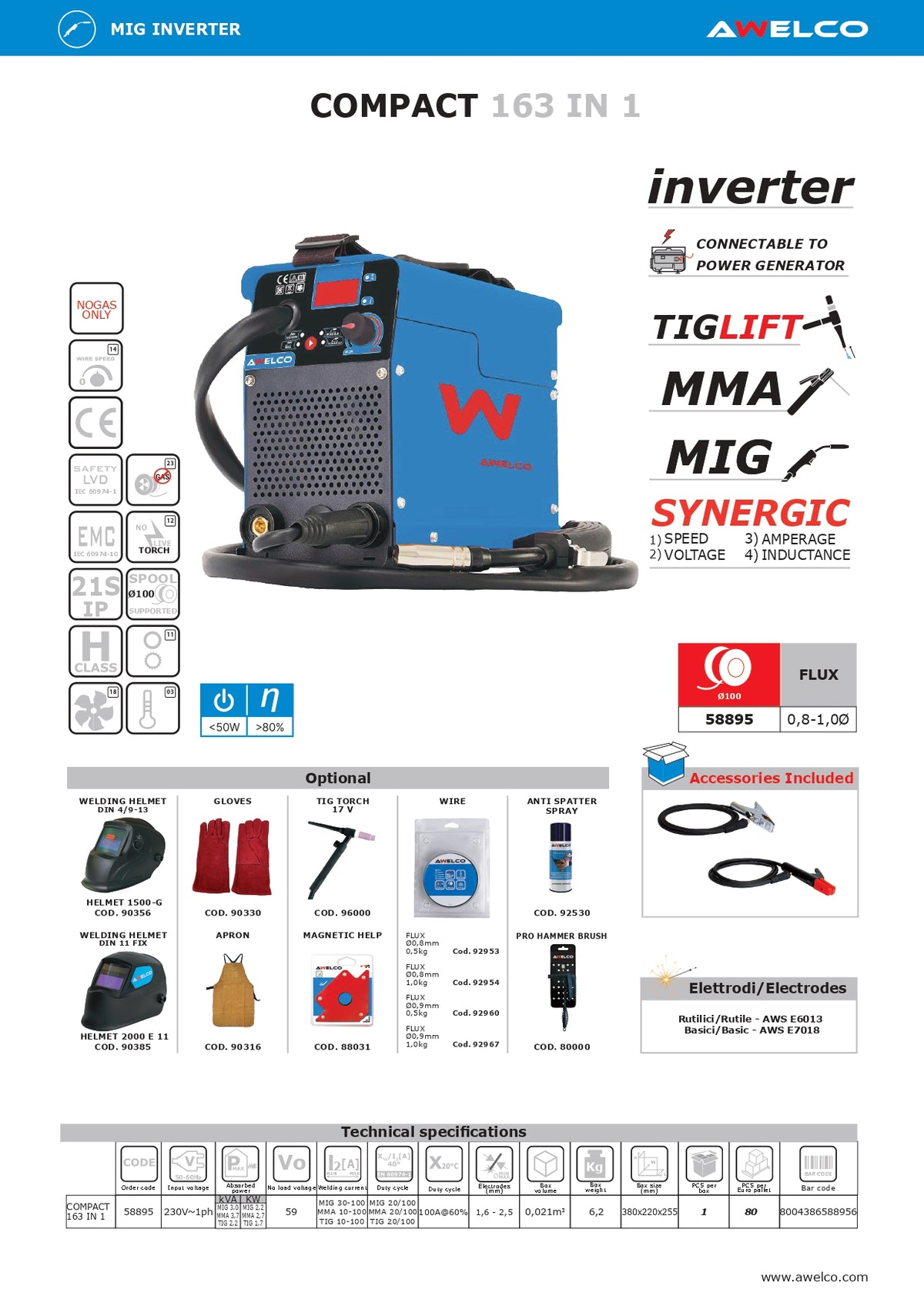 AWELCO - Saldatrice Multiprocesso COMPACT 163 IN 1 | 100A | MIG Filo Senza Gas + MMA + TIGLIFT | Doppio Display | Anti-Stick | Hot-Start