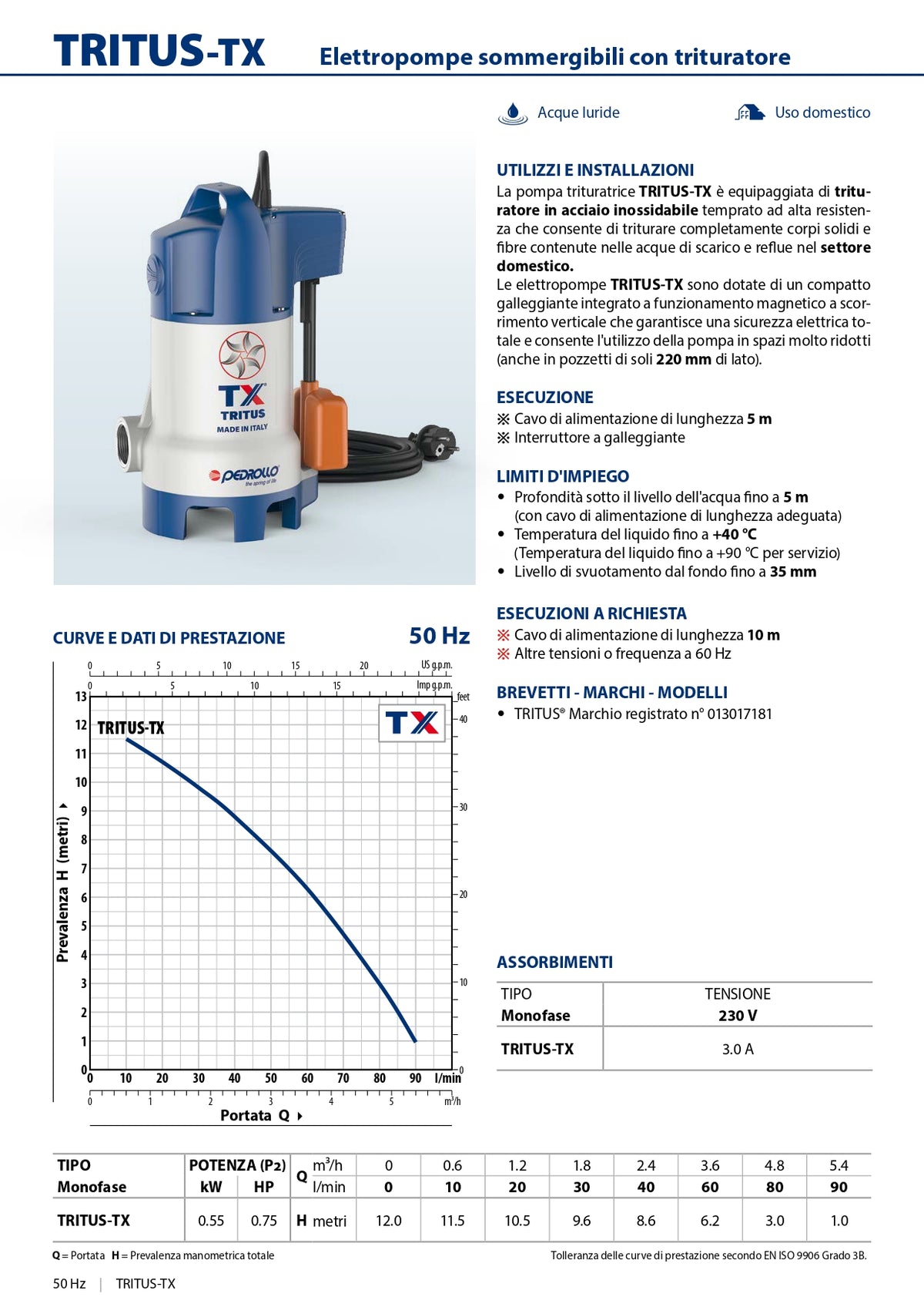 Pedrollo TRITUS-TX 0.75HP submersible electric pump with grinder for waste water
