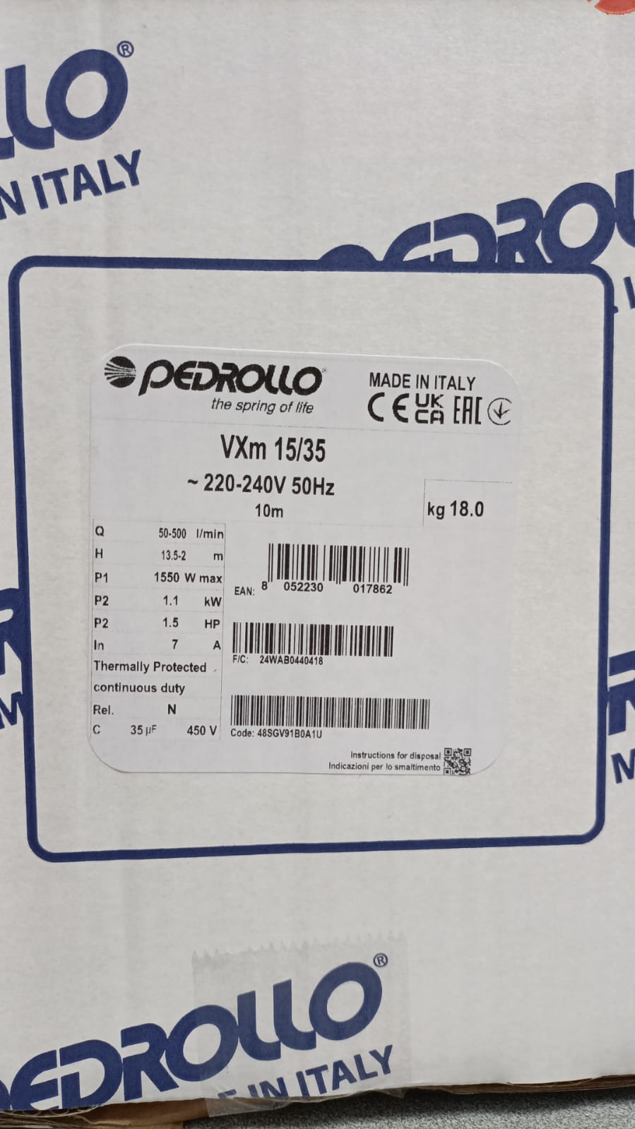 PEDROLLO - Elettropompa Sommergibile VXm 15/35 | Drenaggio Liquami | 1,1kW | 500 l/min | Cavo 10m