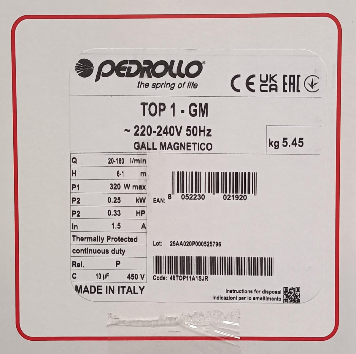 PEDROLLO - Elettropompa Sommergibile Drenaggio TOP1-GM | 0,33HP | 0,25kW | Portata 160 L/min | Prevalenza 6m | Galleggiante Magnetico