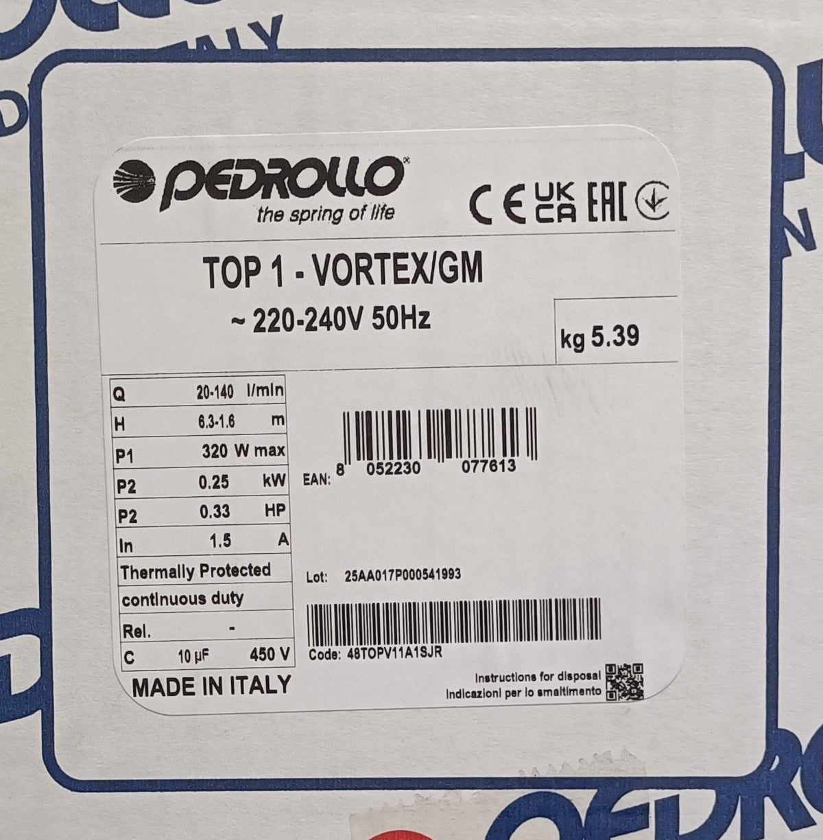 Pedrollo 0.33HP TOP1 Submersible Electric Pump for Draining Waste Water - VORTEX / GM