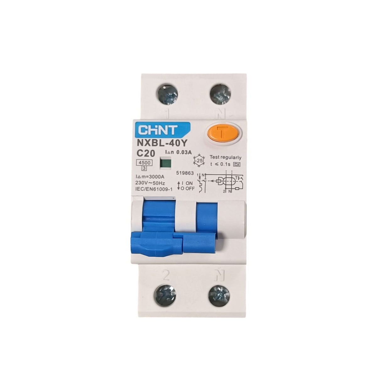 CHINT 2-module differential circuit breaker 1P+N 30mA 4.5kA Curve C Type A