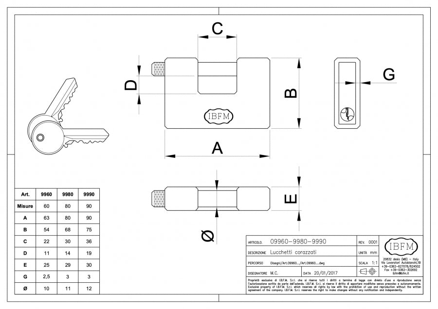 IBFM Lucchetto Corazzato 9960-9980-9990 tavola tecnica dimensioni