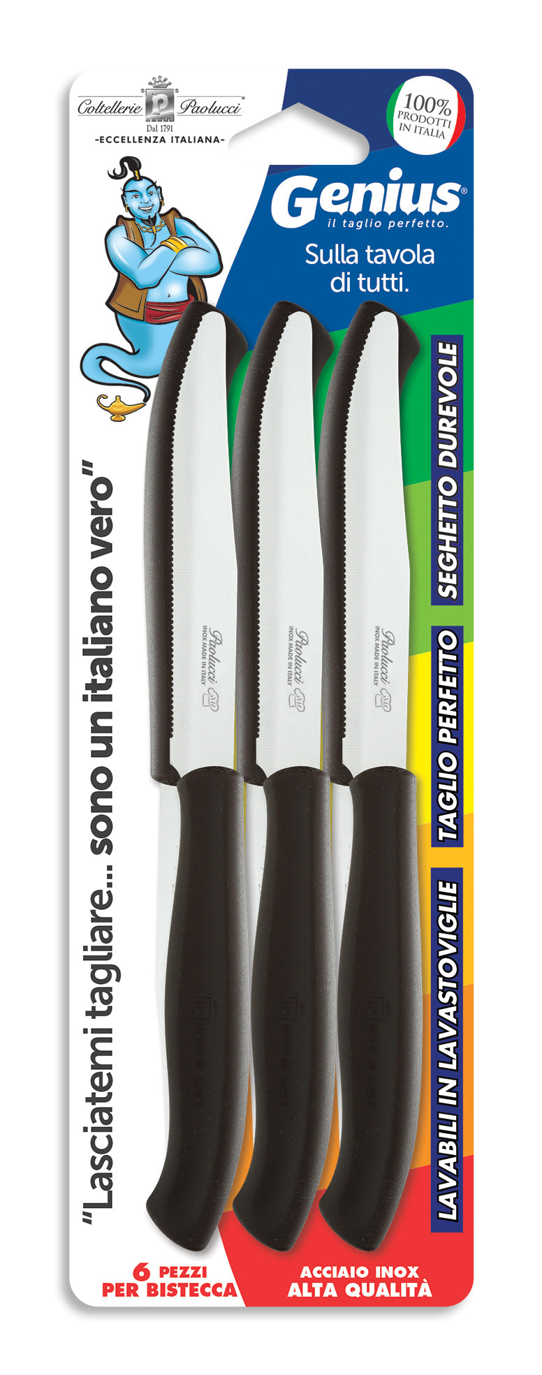 COLTELLERIE PAOLUCCI - Set 6 Coltelli Bistecca Lama Seghettata 11 cm GENIUS | Acciaio Inox | Made in Italy | Lavastoviglie | Manico Polipropilene