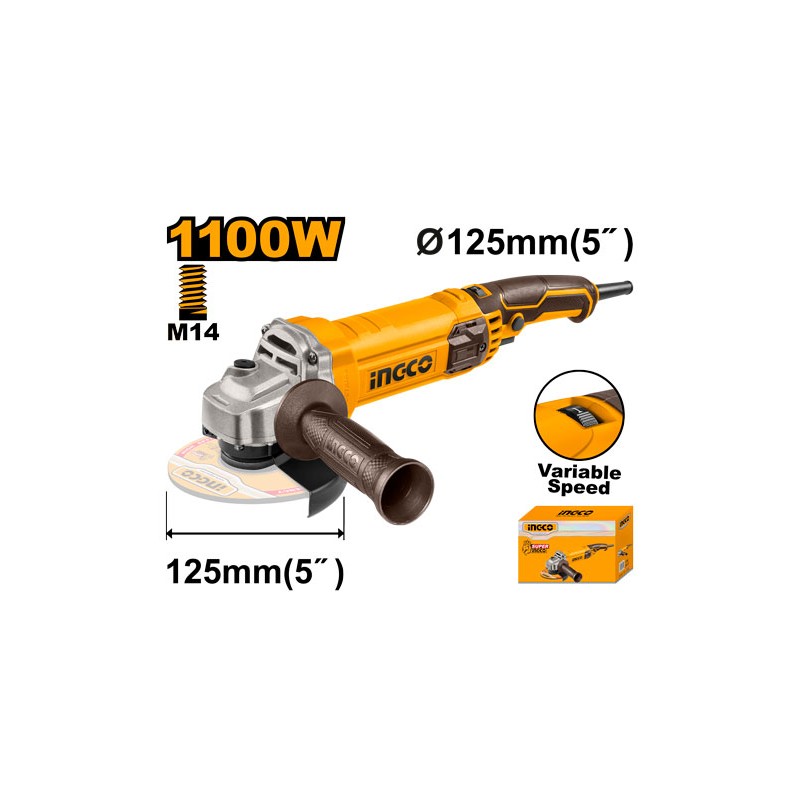 INGCO - Smerigliatrice Angolare AG1100385 | 1100W | 125mm | Velocità Variabile 5000-12000 giri/min | M14