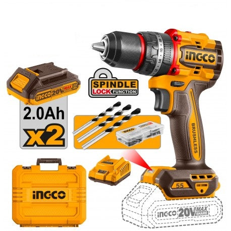 INGCO 20V 55Nm BRUSHLESS Compact Impact Drill Driver with 2 x 2Ah Batteries
