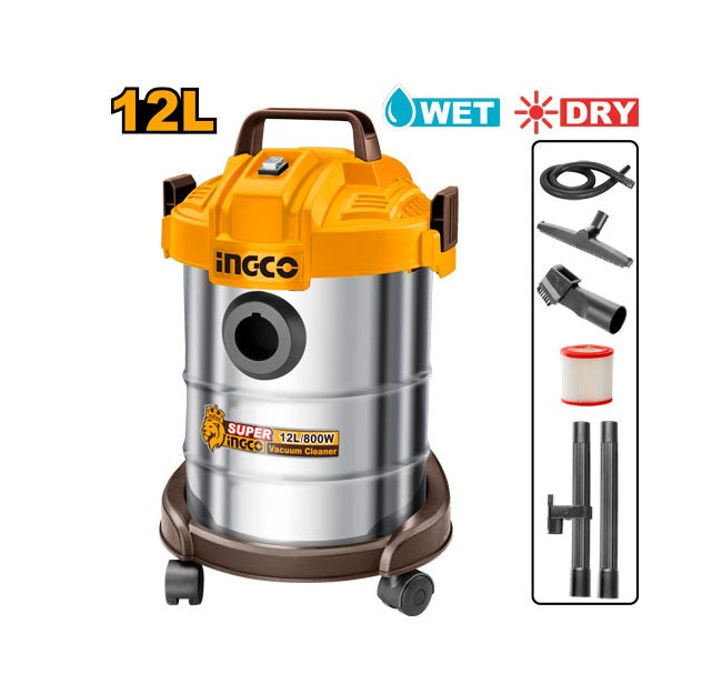 INGCO Aspirapolvere Aspiraliquidi VC14122 | 800W | 12L INOX | Filtro HEPA | Wet & Dry | Kit Completo