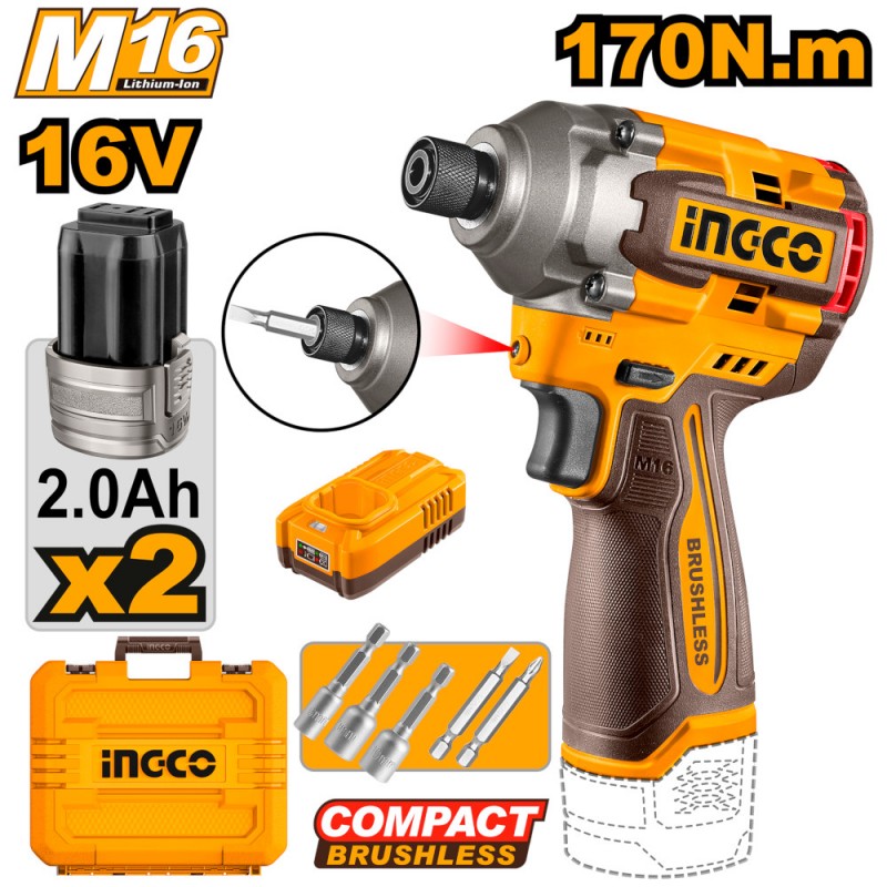 INGCO Visseuse à impulsions CIRLI16178E | Brushless 16V | 170Nm | 2 batteries | Valise