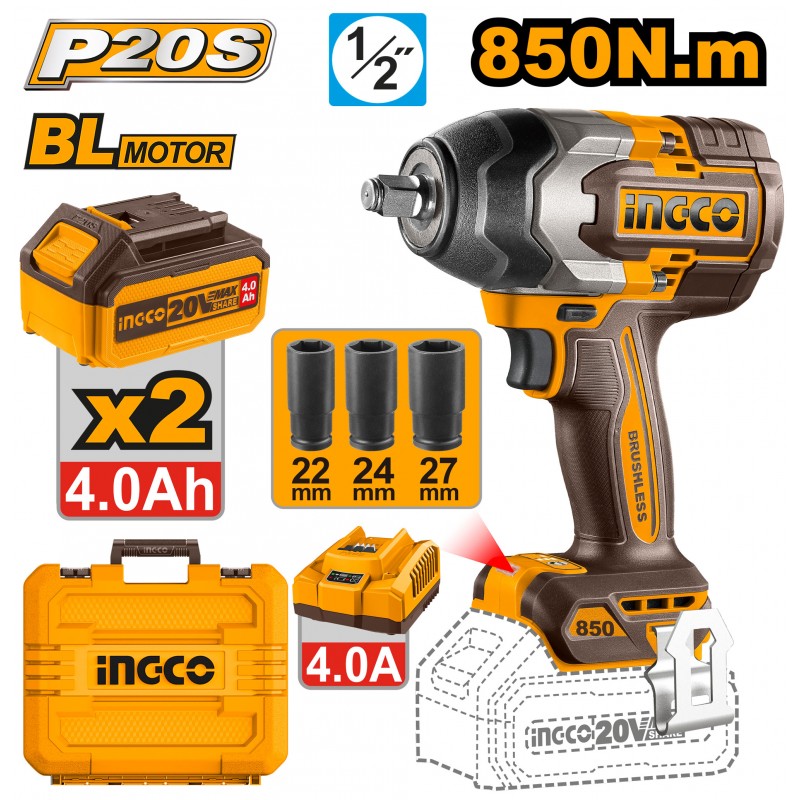 INGCO - Avvitatore ad Impulsi Brushless CIWLI2085 | 1/2'' | 850Nm | 20V 4Ah | 2 Batterie | Valigetta