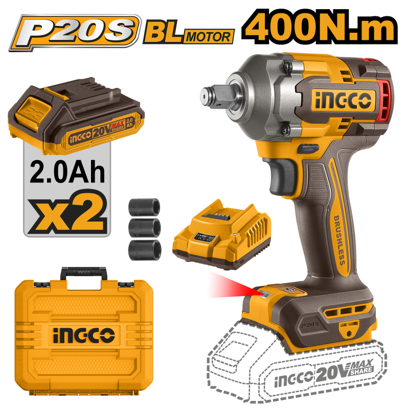 INGCO - Avvitatore Impulsi Brushless 20V CIWLI2040E | 400 Nm | 2 Batterie 2Ah | Valigetta