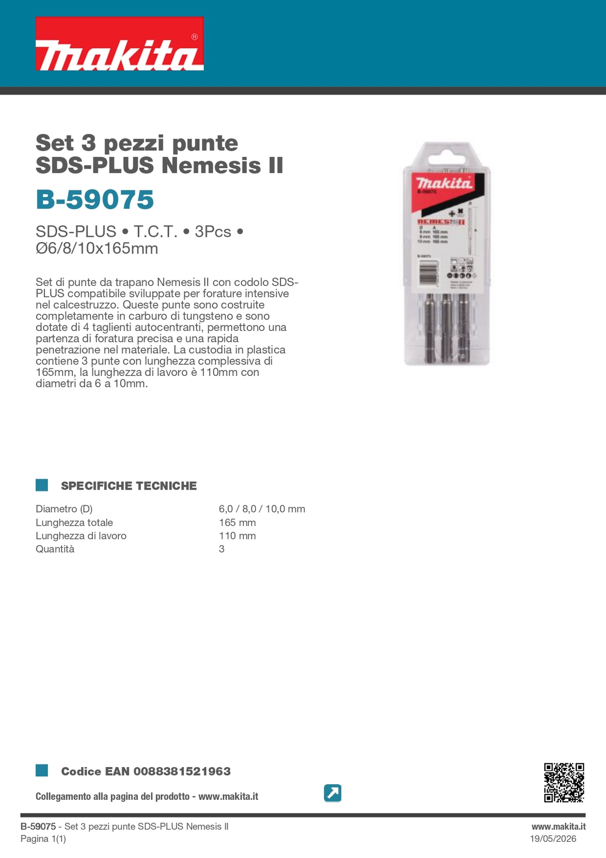 MAKITA - Set 3 Punte SDS-Plus Nemesis II B-59075 | T.C.T. | Ø6/8/10x165mm | 4 Taglienti | Calcestruzzo