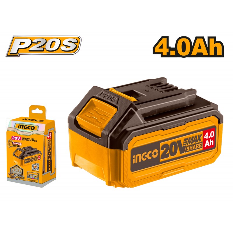 INGCO - Batteria Li-Ion 20V 4,0Ah FBLI2002E | Piattaforma P20S | Indicatore LED | Imballata in Scatola