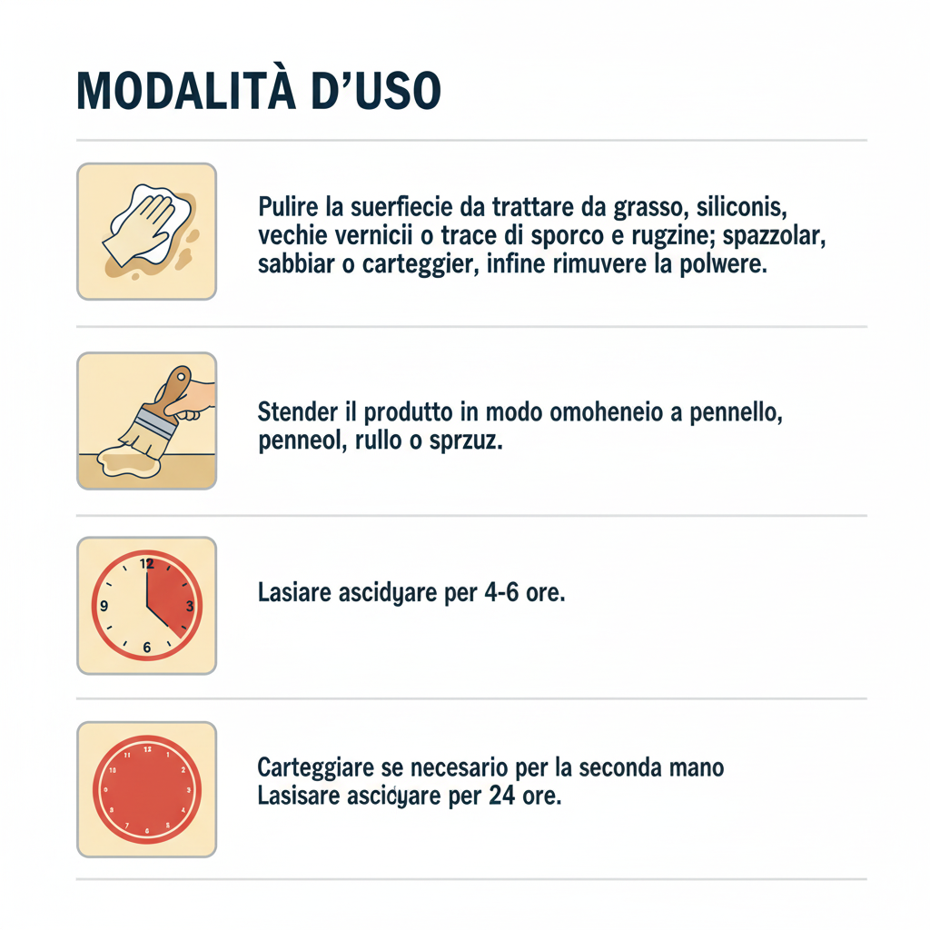 Borma Wachs modalità d'uso infografica 5 step istruzioni applicazione smalto termosifoni