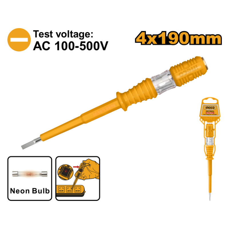 INGCO - Cacciavite Cercafase HSDT1908 | 190mm | AC 100-500V | Punta 4mm | Clip Tasca