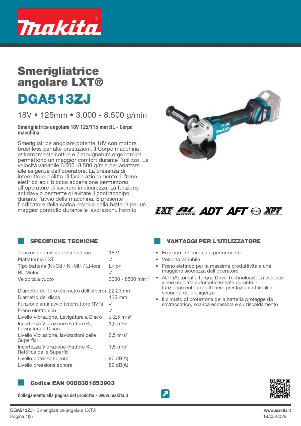 MAKITA - Winkelschleifer LXT DGA513ZJ | 18V Brushless | 125mm | Ohne Akku und Ladegerät + Makpac-Koffer