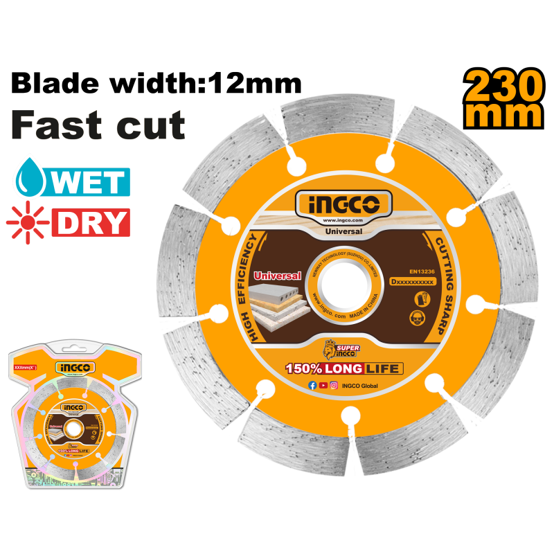 INGCO - Disco Diamantato Fast Cut DMD0123013 | 230x22,2mm | Lama 12mm | Umido e Secco | Doppio Blister