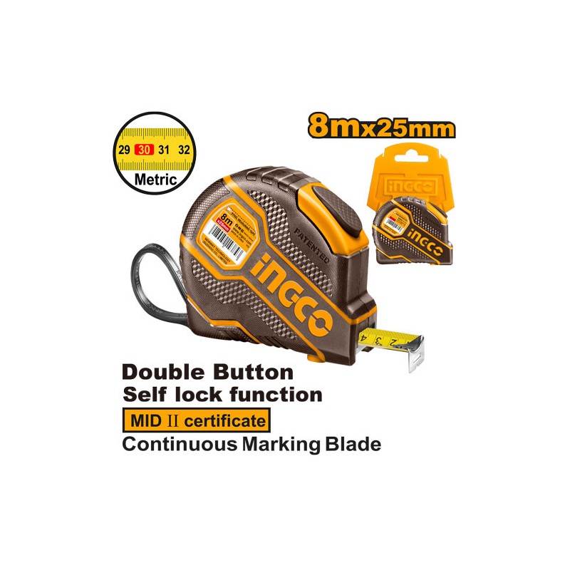 INGCO - Selbstblockierendes Maßband HSMT08081E | 8m x 25mm | MID II zertifiziert | Nylonband | Stoßfester Gummi
