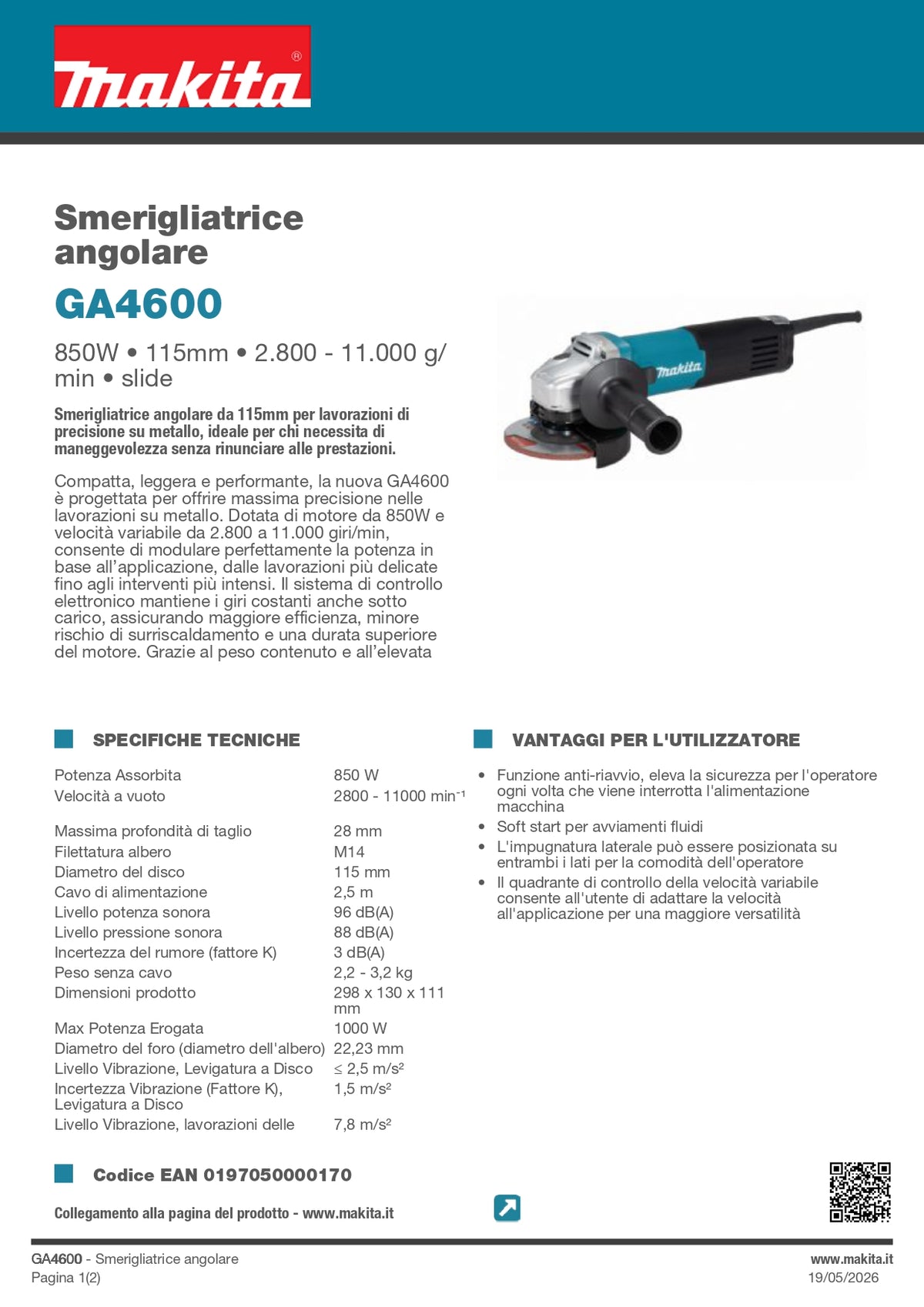 MAKITA - Smerigliatrice Angolare GA4600 | 850W | 115mm | 2.800-11.000 giri/min | Velocità Variabile | Slide Switch