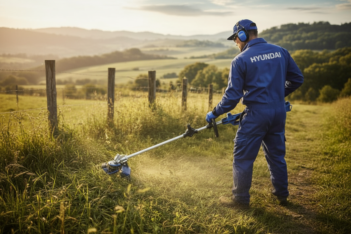 Hyundai Decespugliatore - operatore di spalle su colline