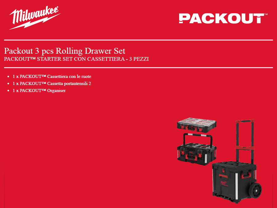 MILWAUKEE - PACKOUT Starter Set con Cassettiera 3 Pezzi 4932498984 | Cassettiera Ruote + Cassetta 2 + Organiser | 1050x570x480mm