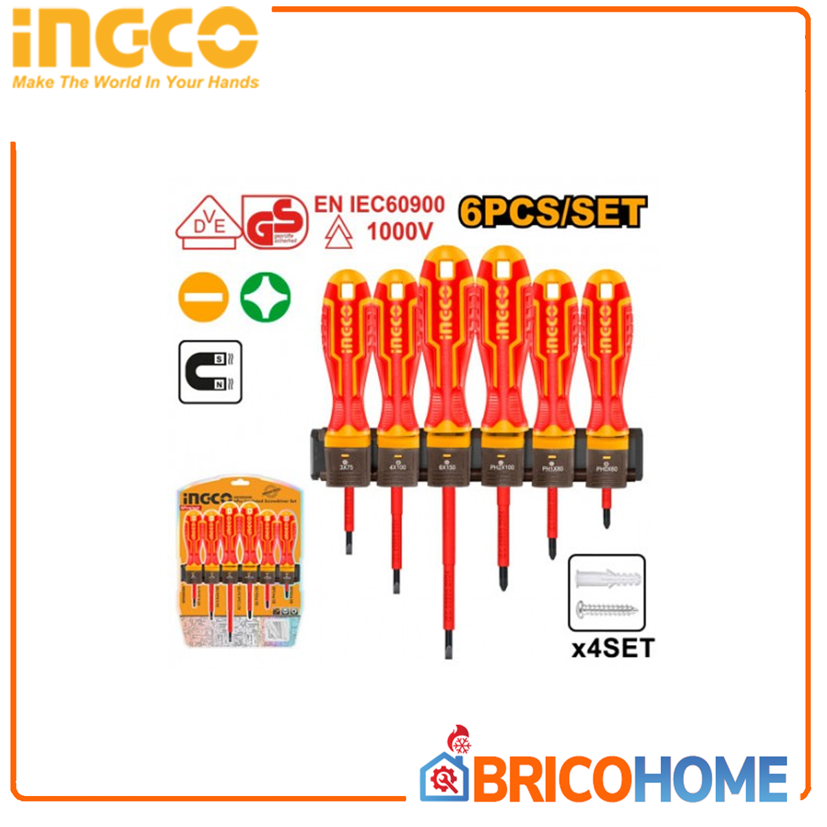 INGCO - Set Cacciaviti Isolati 1000V HKISD0608 | 6pz | VDE+GS | SL+PH | Stelo Tondo | Blister