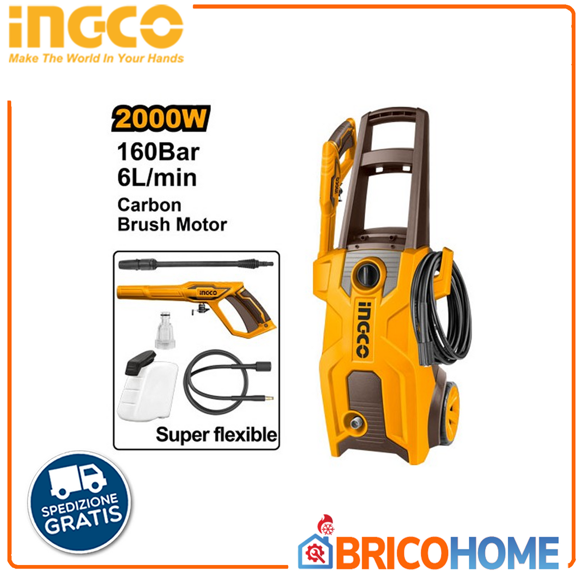 INGCO 160BAR 2000W Cold Water Pressure Washer with Accessories
