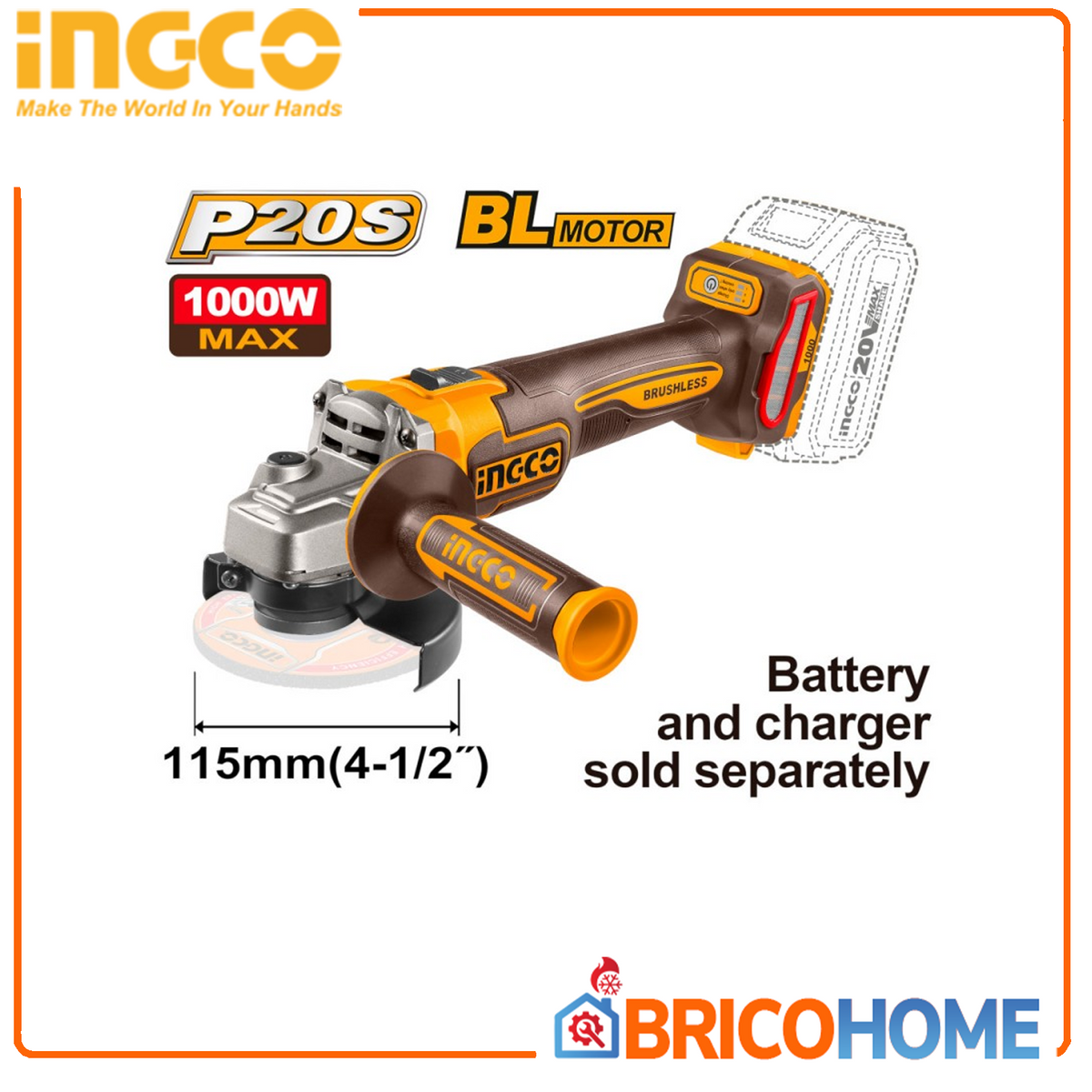 INGCO - Smerigliatrice Angolare Brushless 115mm CAGLI27153E | 20V 1000W | 3 Velocità 3000-9000rpm | M14 | Solo Corpo