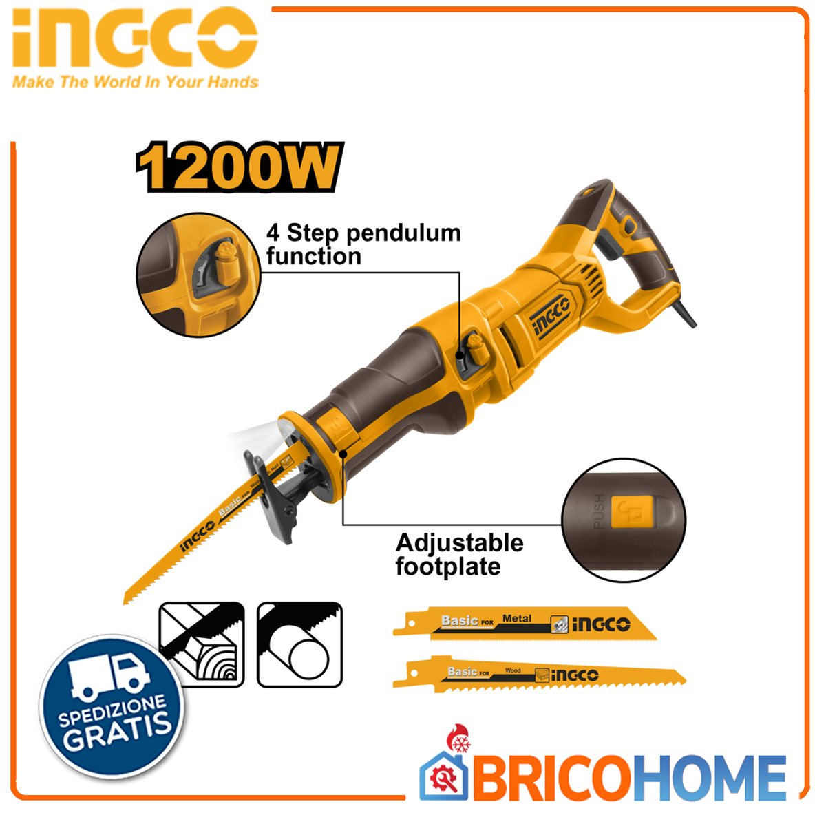 INGCO - Seghetto a Gattuccio 1200W RS12001 | Velocità Variabile | Pendolo 4 Fasi | SDS | LED