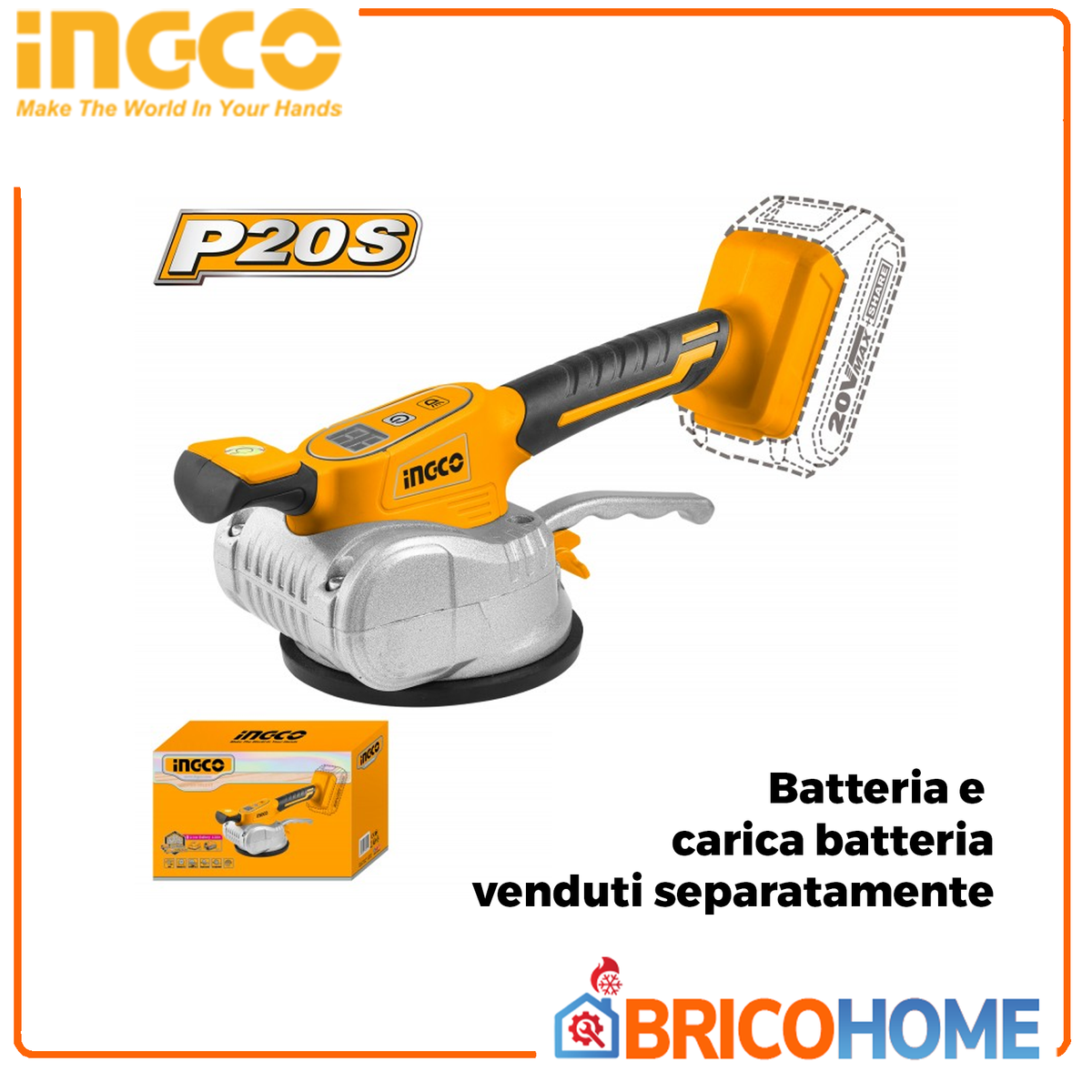 INGCO - Ventosa Vibrante per Piastrelle 20V CTVLI2010 | Solo Corpo | 50kg | 10000 giri/min | Ø125mm