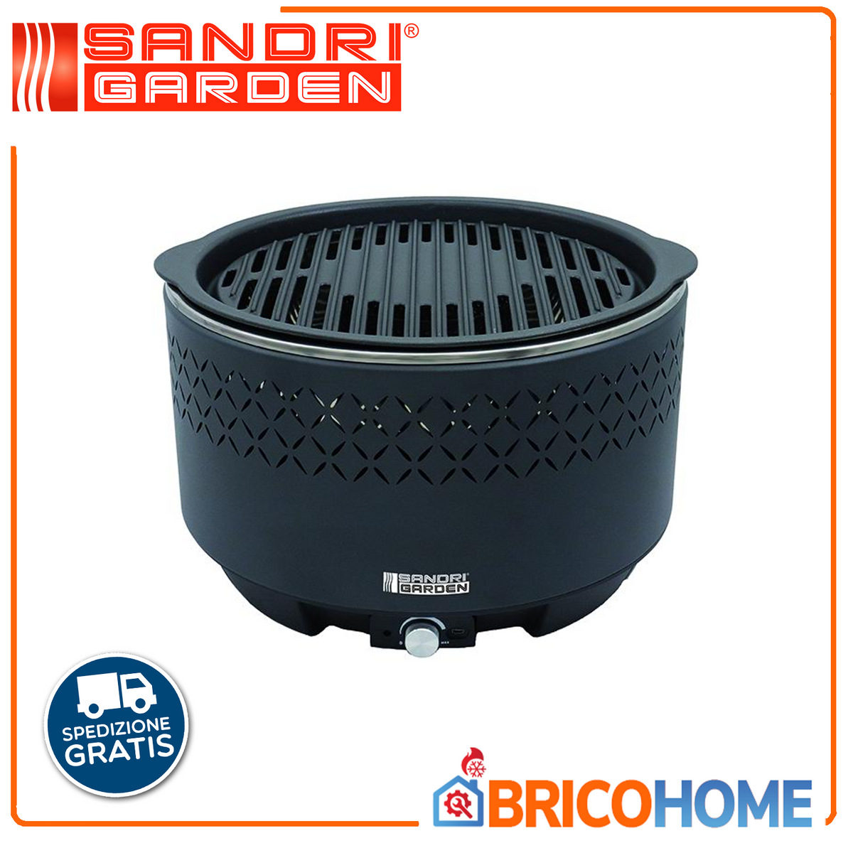 Sandri Garden - Rauchfreier Grill SG 31G | Gusseisenrost Ø 31 cm | Elektrischer Ventilator | Schnelle Zündung | Mit Tasche
