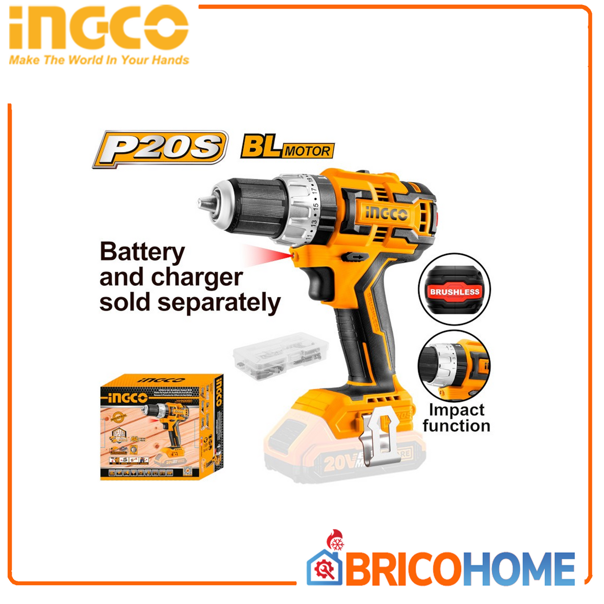 Trapano avvitatore BRUSHLESS 20V nudo ( solo corpo ) - INGCO