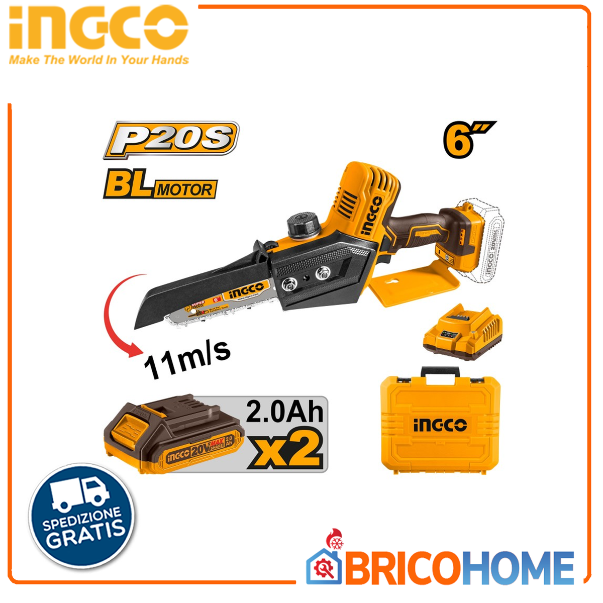 INGCO - Mini Elettrosega 20V CGSLI20686 | 6'' 15cm | Brushless | 2 Batterie 2Ah | Caricabatterie | Valigetta