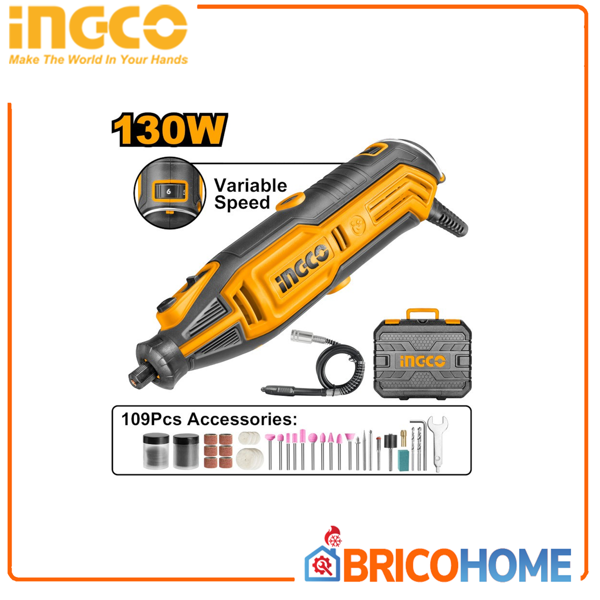 INGCO - Mini Smerigliatrice a Stelo MG13328E | 130W | 10000-35000 giri/min | Albero Flessibile | 109 Accessori | Valigetta BMC