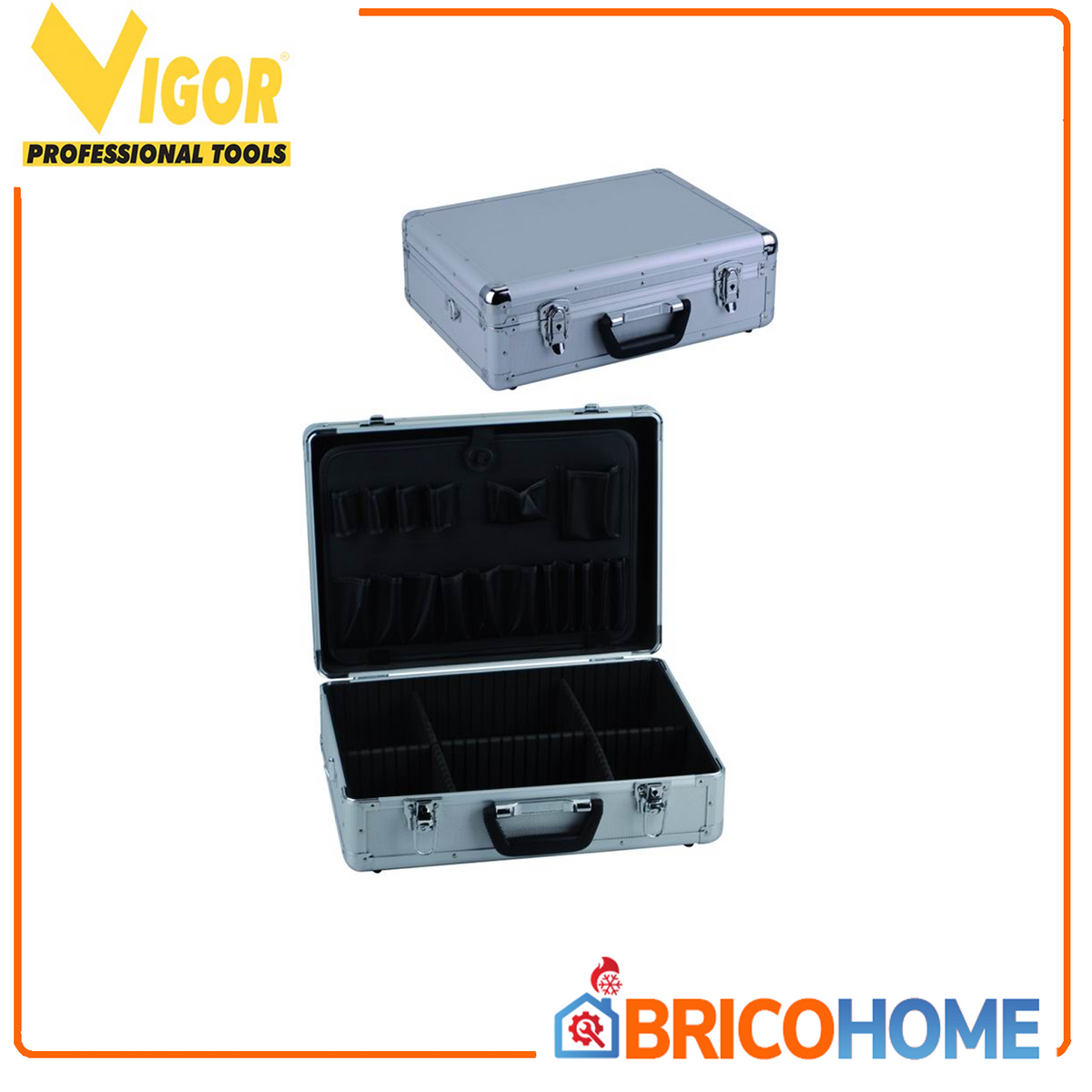 VIGOR - Valigetta Portautensili in Alluminio Midi Tondi 40545-04 | 420x310x125mm | Spigoli Tondi | Paraspigoli Cromati | Interno Morbido con Separatori