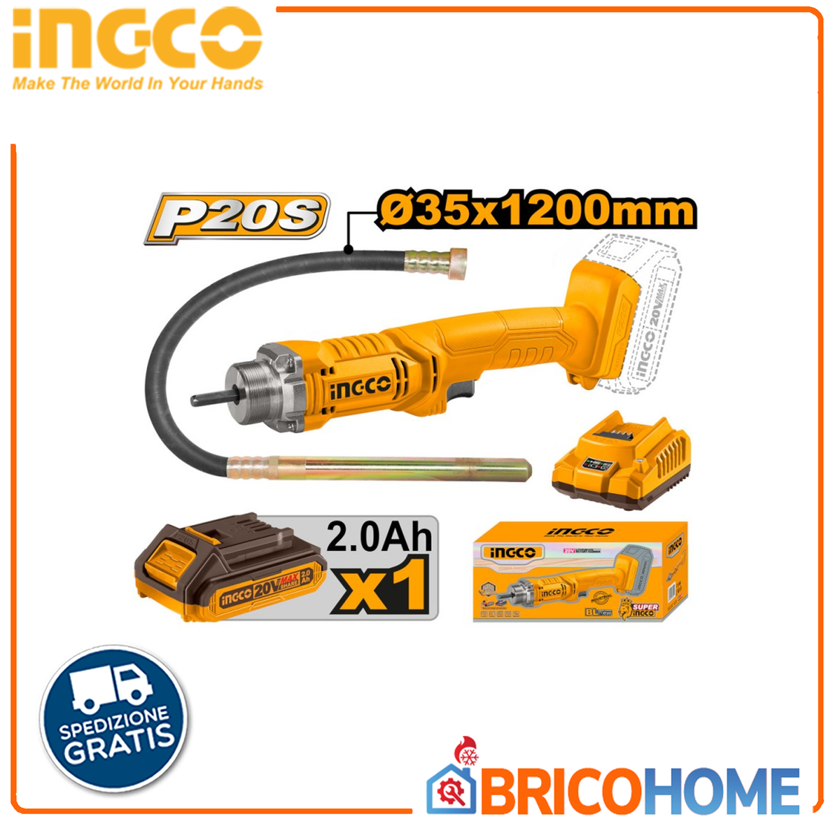 INGCO - Vibratore per Calcestruzzo a Batteria CCVLI2023011 | 20V | 2300 RPM | Kit con Batteria 2Ah e Caricabatteria