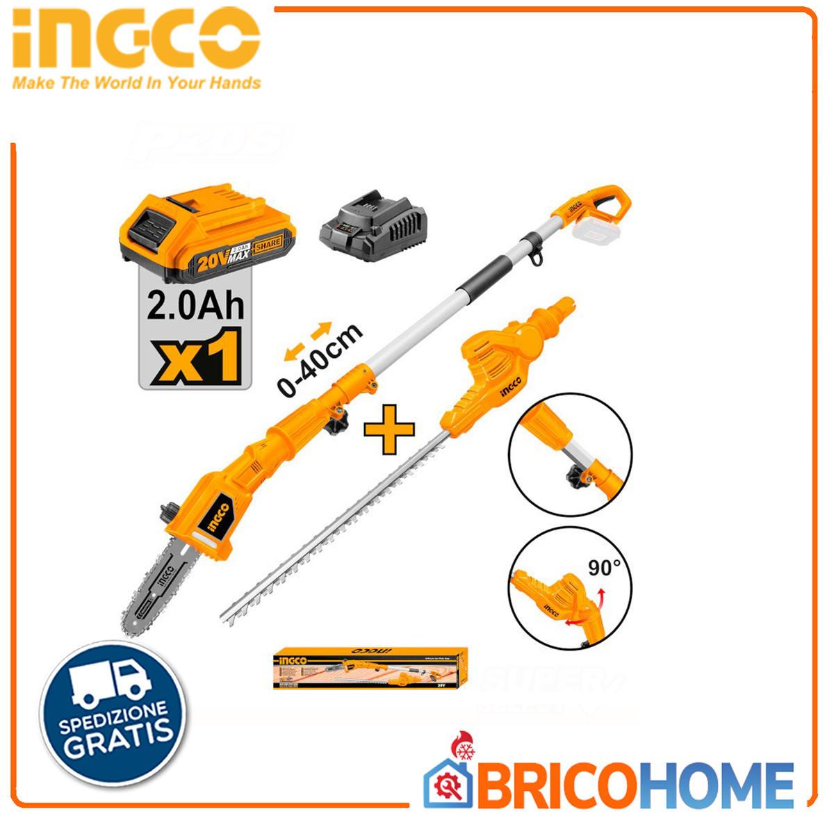 INGCO CPTS201681 – Set Giardino 20V | Sega Potatura + Tagliasiepi Telescopici | Batteria e Caricatore Inclusi