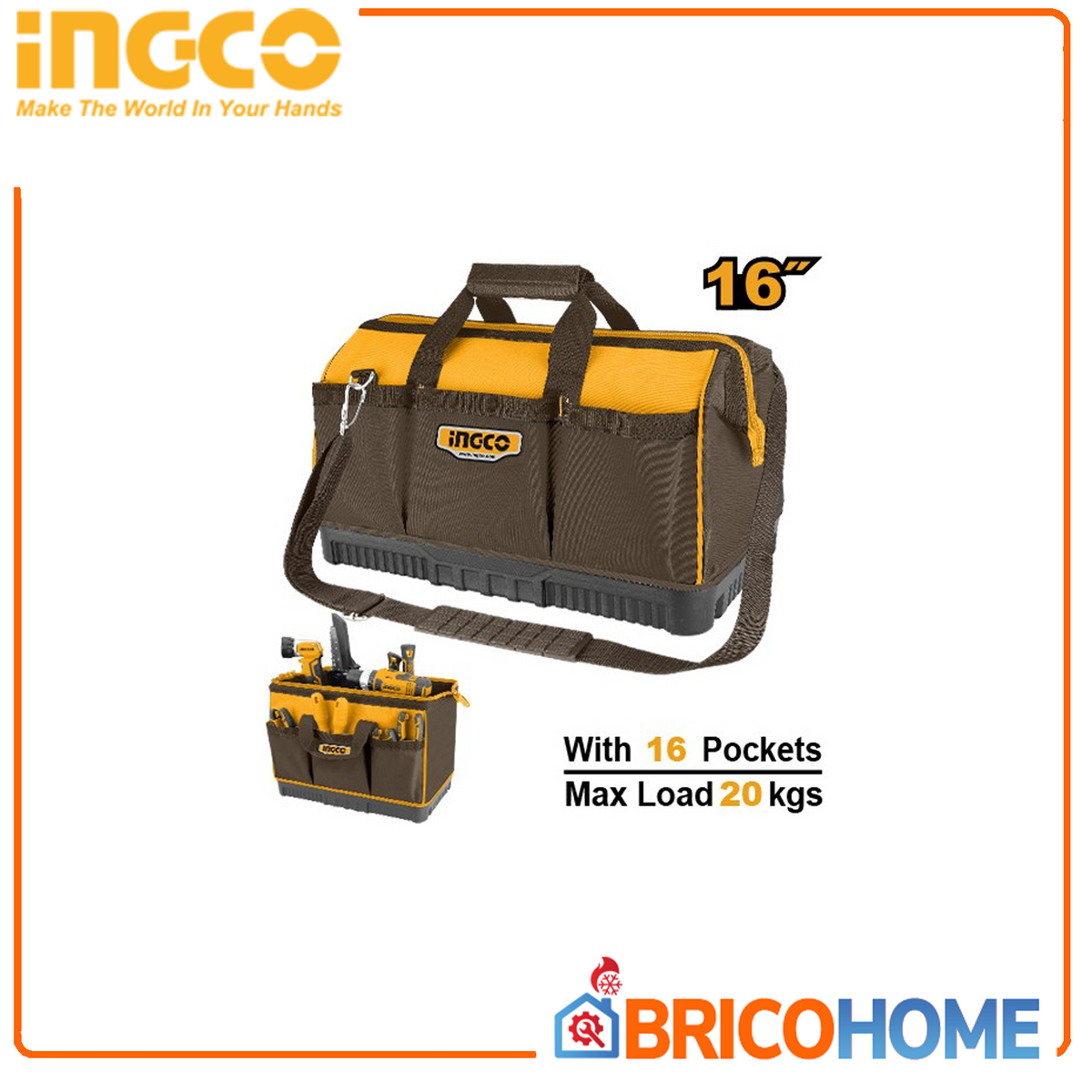 INGCO - Borsa Portautensili Professionale HTBG08 | 16" | 1680D | 20 kg | 16 Tasche