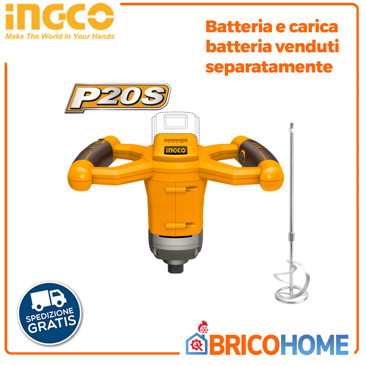 INGCO - Miscelatore per Malte a Batteria 20V MXLI2001 | Solo Corpo | 0-650 rpm | Frusta M14 | Piattaforma P20S