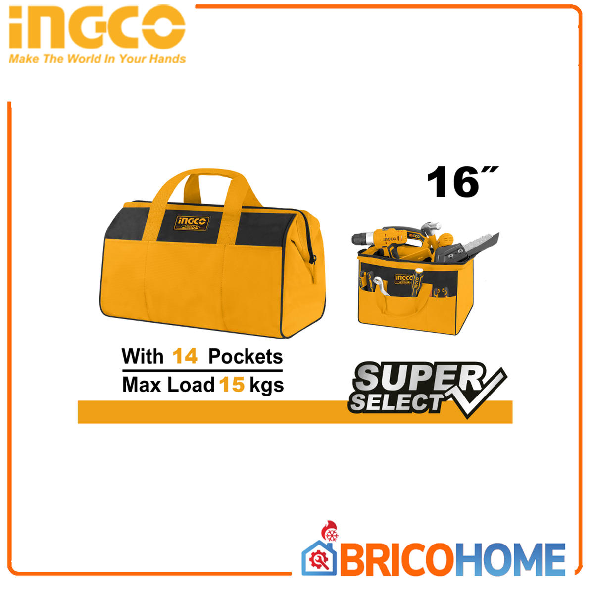 INGCO - Borsa Portattrezzi 16" (42cm) HTBG281628 | Struttura Rigida | 6 Tasche Esterne + 8 Interne | Carico 15kg