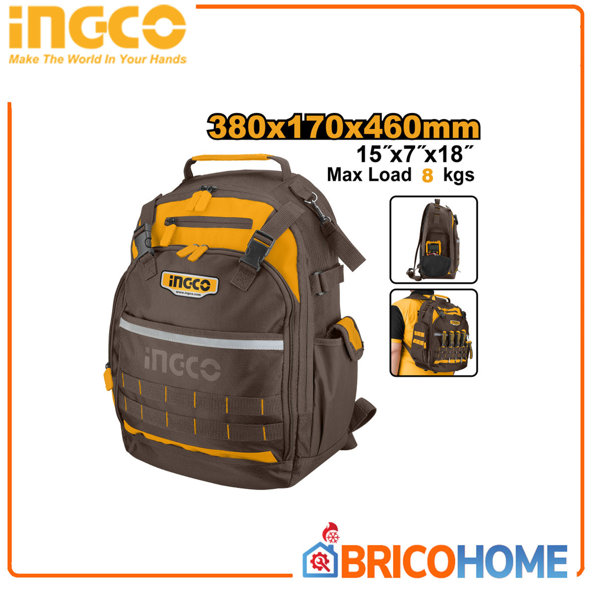INGCO - Werkzeugrucksack HBP01028 | Stabiler Rahmen | 38x17x46cm | Tragfähigkeit 8kg | Oxford 600D Polyester | Außentaschen