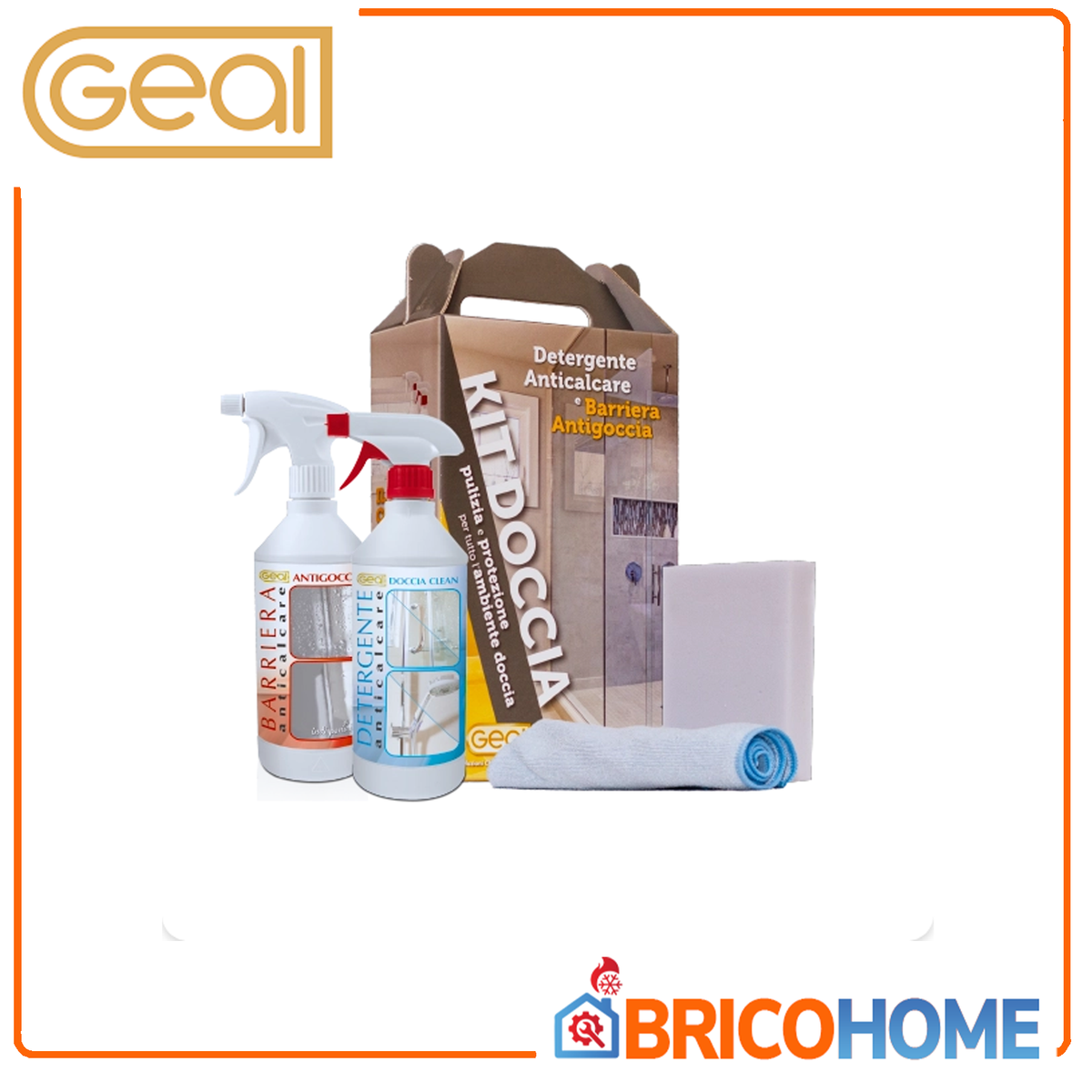 GEAL - Kit Doccia 680006 | Pulizia e Protezione Box Doccia | Doccia Clean 0,75L + Antigoccia 0,75L + Spugna + Microfibra