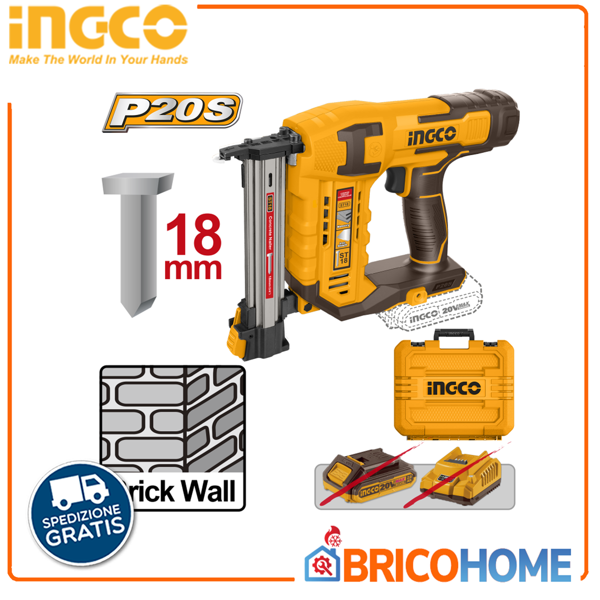 INGCO - Chiodatrice per Calcestruzzo a Batteria CSTLI3805 | 20V | Chiodi ST18mm | Caricatore 65pz | 200 Chiodi Inclusi | Solo Corpo