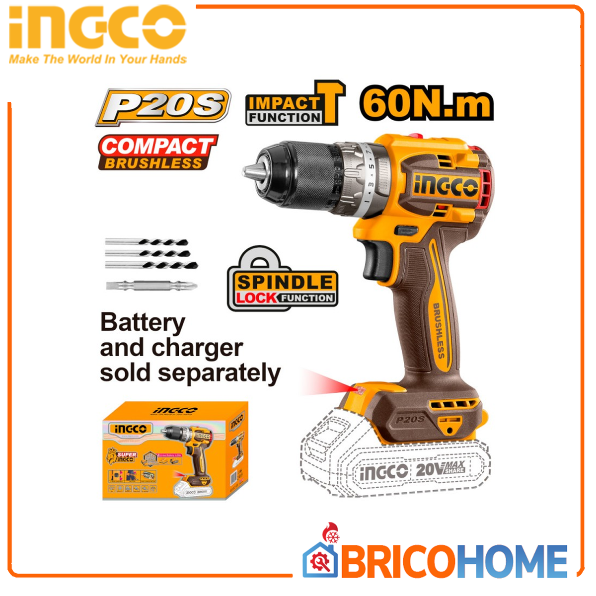 INGCO 20V 60Nm BRUSHLESS Compact Impact Drill Driver (body only)