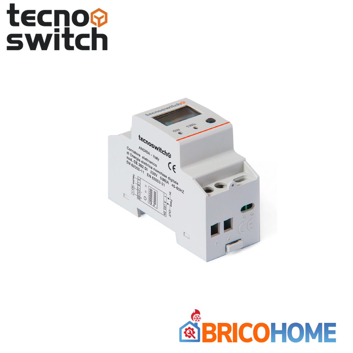 TECNO SWITCH - Contatore Energia Elettrica Monofase CE202DI | 2 Moduli DIN | 60A | Display LCD | Impulso