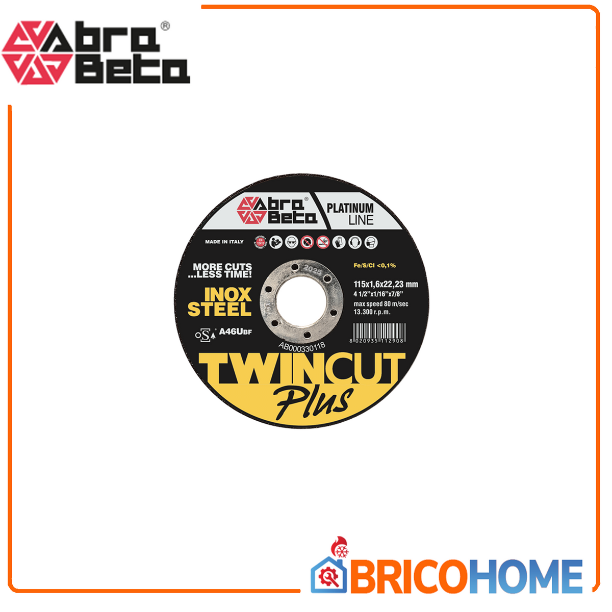 ABRABETA - Disco da Taglio Twincut Plus A46U Inox & Acciaio AB000330115 | Ø 115mm | Spessore 1,0mm | Made in Italy