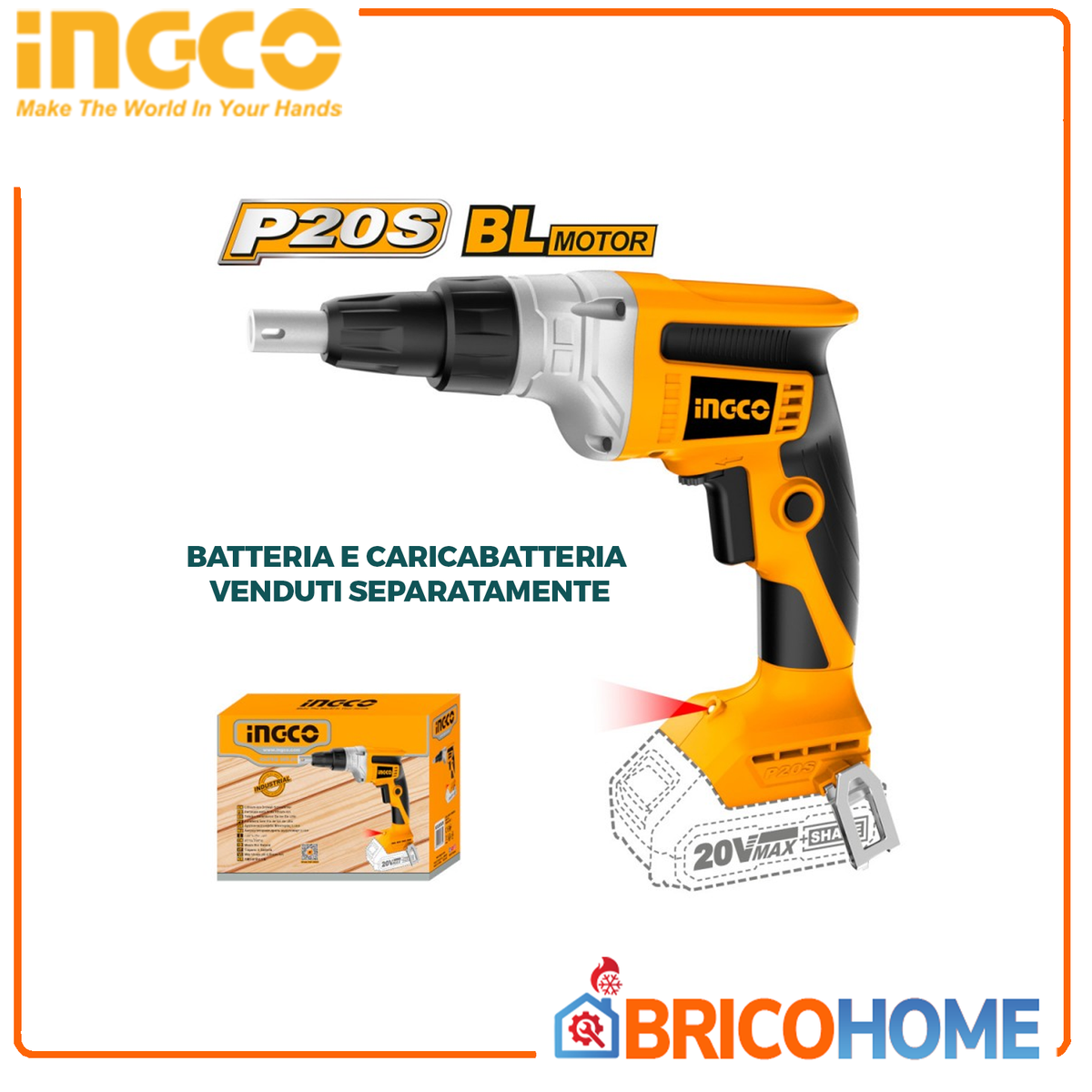 INGCO - Avvitatore per Cartongesso 20V CDSLI2042006 | Solo Corpo | 4200 giri/min | 30 Nm | Attacco 1/4"