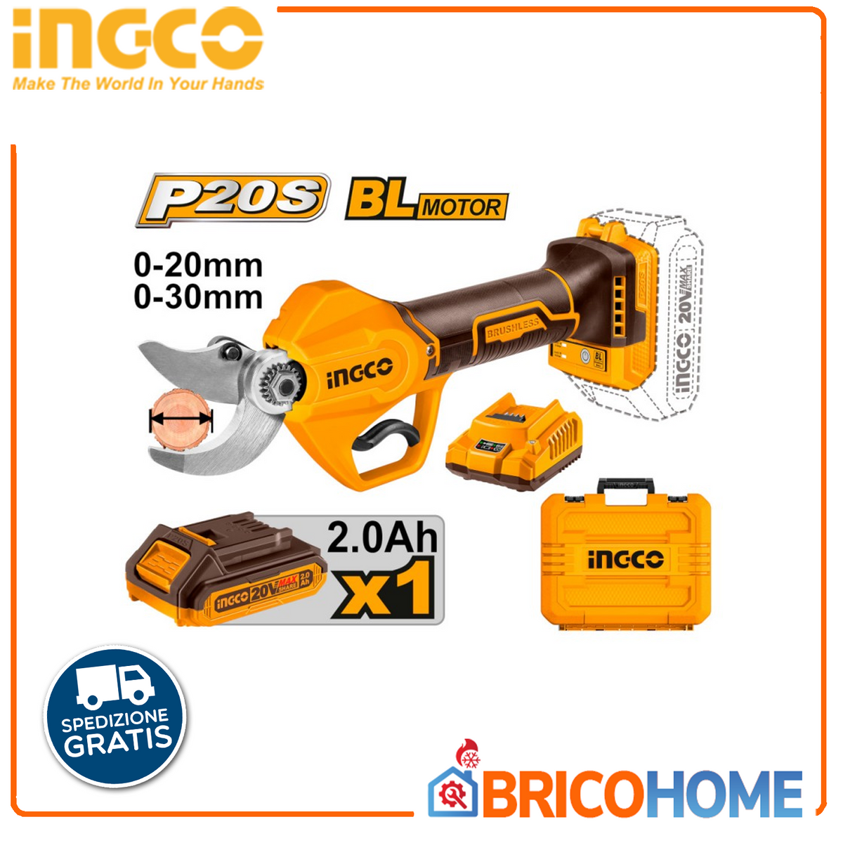 INGCO CSSLI203083 – Forbici da Potatura a Batteria 20V Brushless | Ø Taglio 30mm | Kit Completo