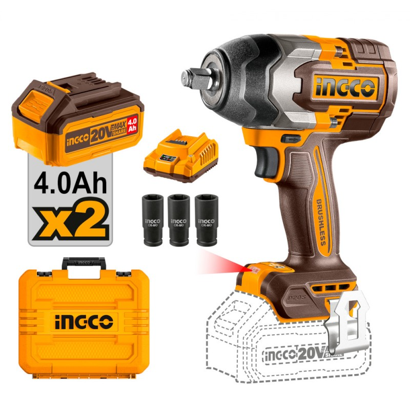 INGCO - Avvitatore ad Impulsi Brushless CIWLI2085 | 1/2'' | 850Nm | 20V 4Ah | 2 Batterie | Valigetta