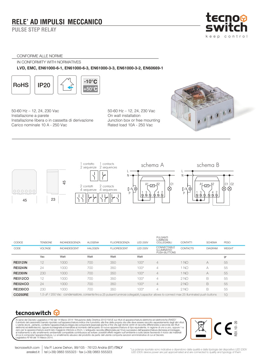 TECNO SWITCH - Relè Meccanico ad Impulsi Commutato RE230CO | 2 Contatti | 230V 50-60Hz | 10A 250Vac