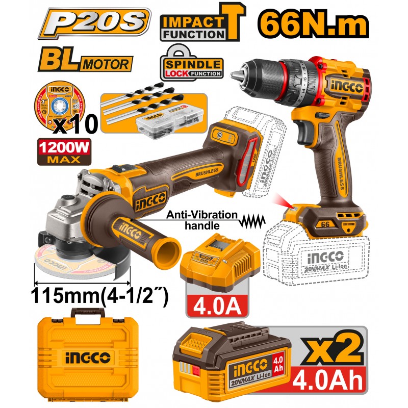 INGCO - Kit Smerigliatrice + Trapano Brushless CKLI20256E | 20V P20S | 66Nm | 1200W | 2x4Ah | Valigetta